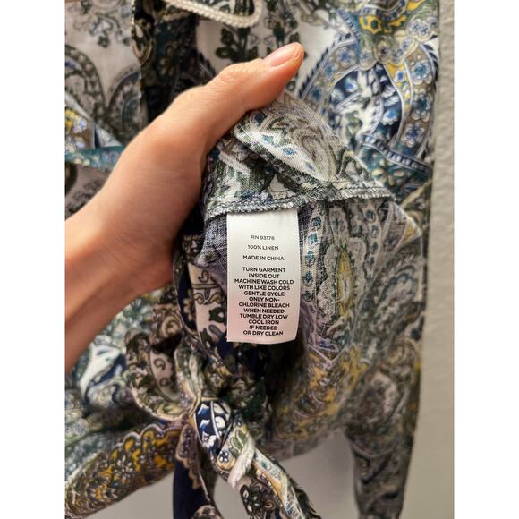 Magaschoni 100% Linen Paisley Button-Front Tie Shirt Blouse M Quiet Luxury - Picture 5 of 5
